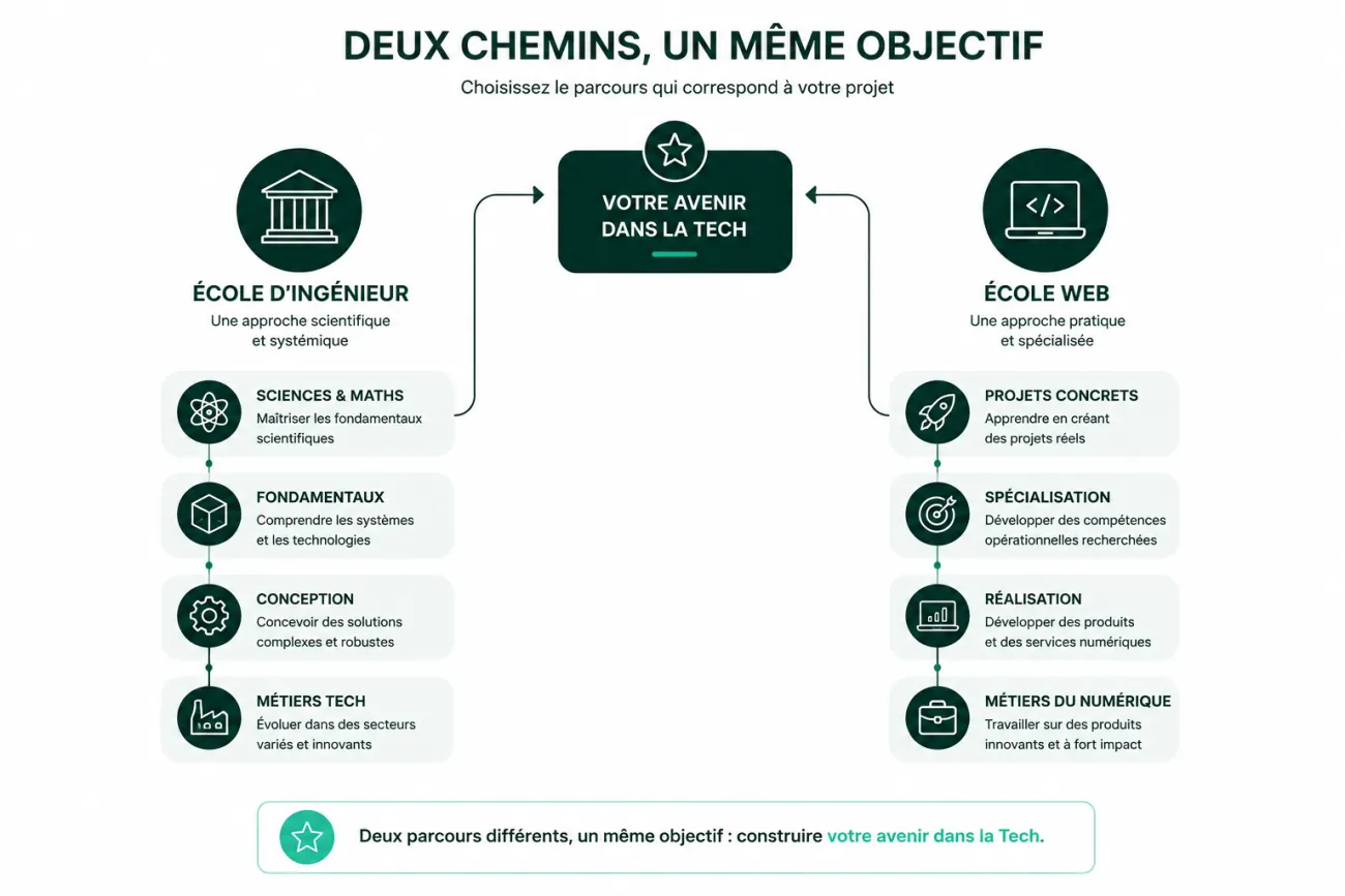 Infographie comparant le parcours d'une école web et d'une école d'ingénieur. Elle montre que les deux formations permettent d'accéder aux métiers de la Tech, mais avec des approches pédagogiques et des parcours différents.