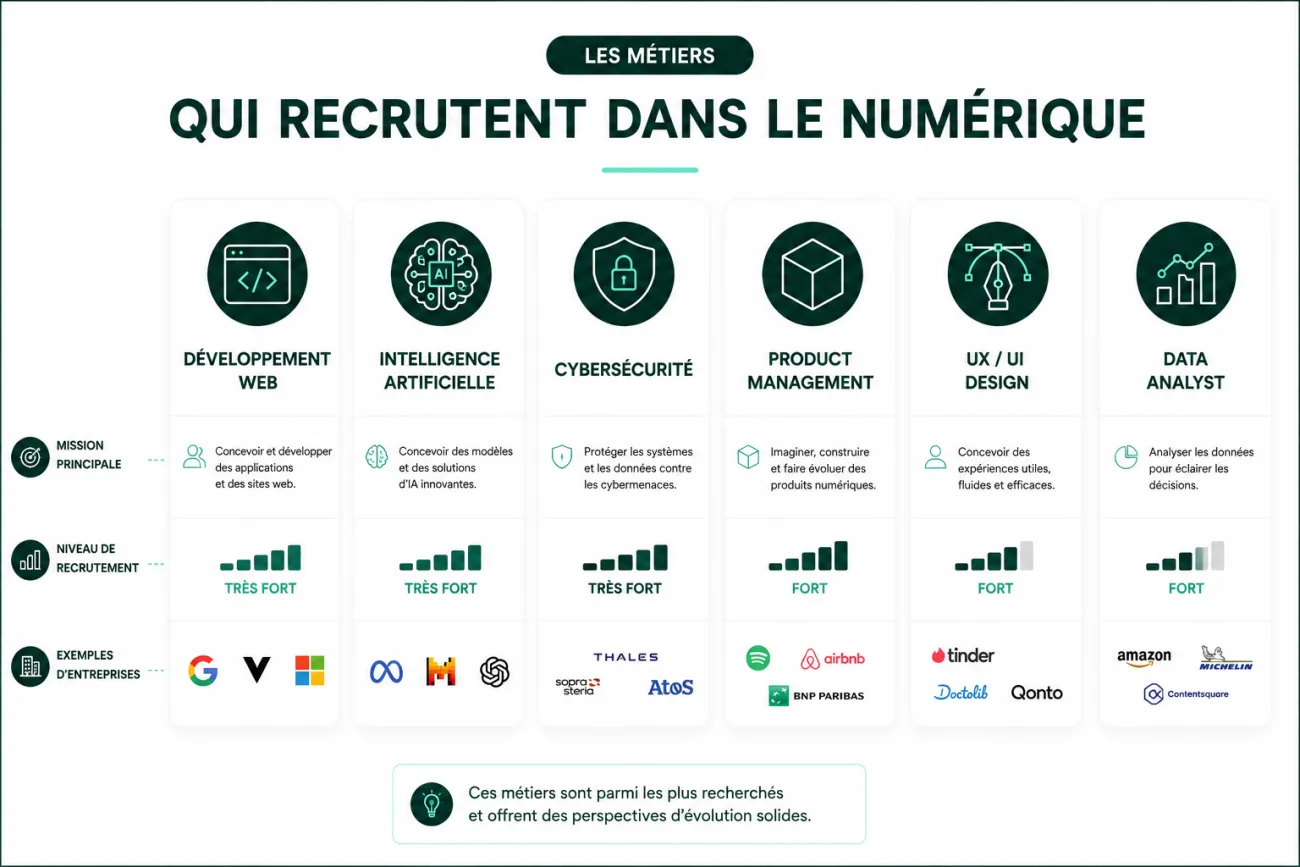 Infographie présentant les principaux métiers qui recrutent dans le numérique, leur mission et leur niveau de recrutement : développement web, intelligence artificielle, cybersécurité, product management, UX/UI design et data.